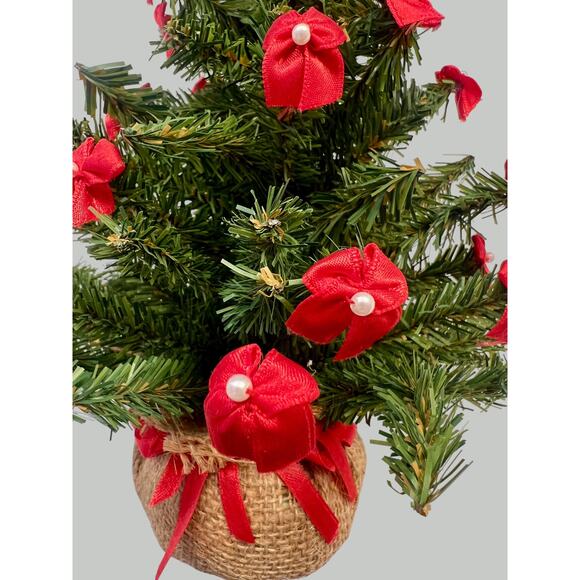 Vintage Mini Christmas Tree w Red Bows & Pearls-Burlap Base-Holiday-Tabletop-Red - Picture 4 of 4